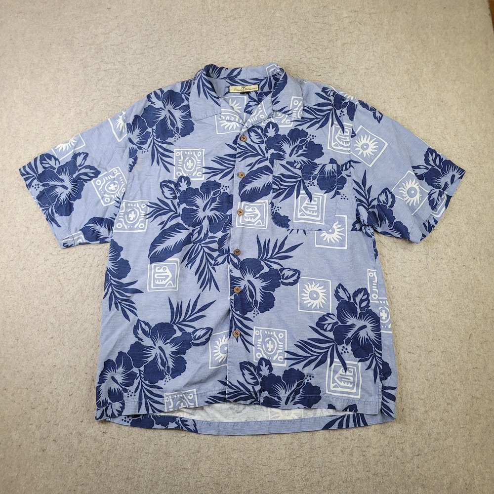 Tommy Bahama‎ 100% Silk Hawaiian Shirt Mens L Blue Floral Squares Short Sleeve